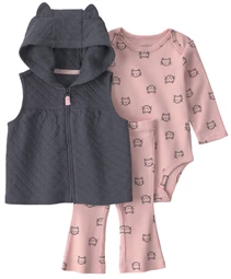  Set 3 piese Pink Cat - vesta cu gluga, colanti evazati si body