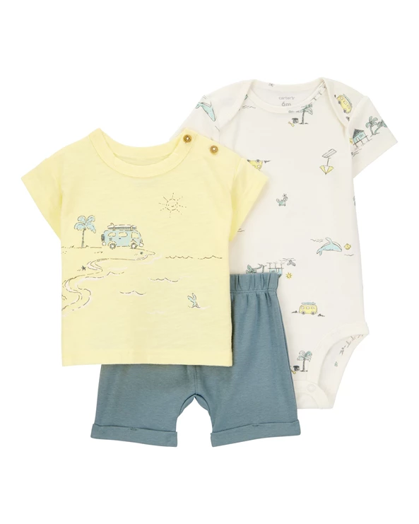  Set 3 piese Body, tricou si pantaloni scurti Yellow Graphic