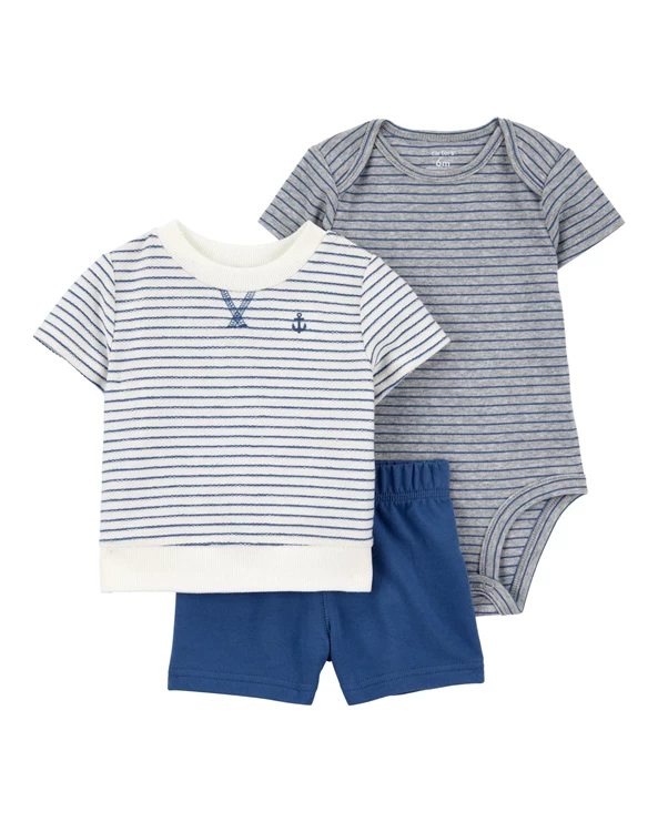  Комплект 3 в 1 Боди, шорты и футболка Blue Striped