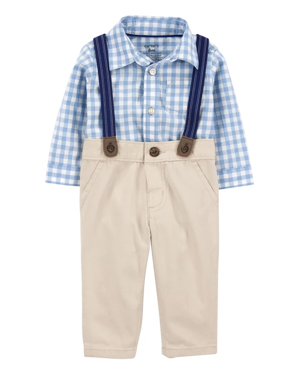  Set 3 piese Blue Gingham - Body tip camasa, pantaloni si bretele