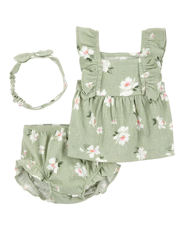  Set 3 piese Top, pantaloni scurti si bentita Green Floral