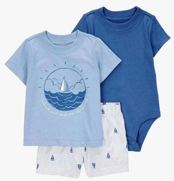  Комплект 3 в 1 Blue Sailboat Graphic Боди, шорты и футболка