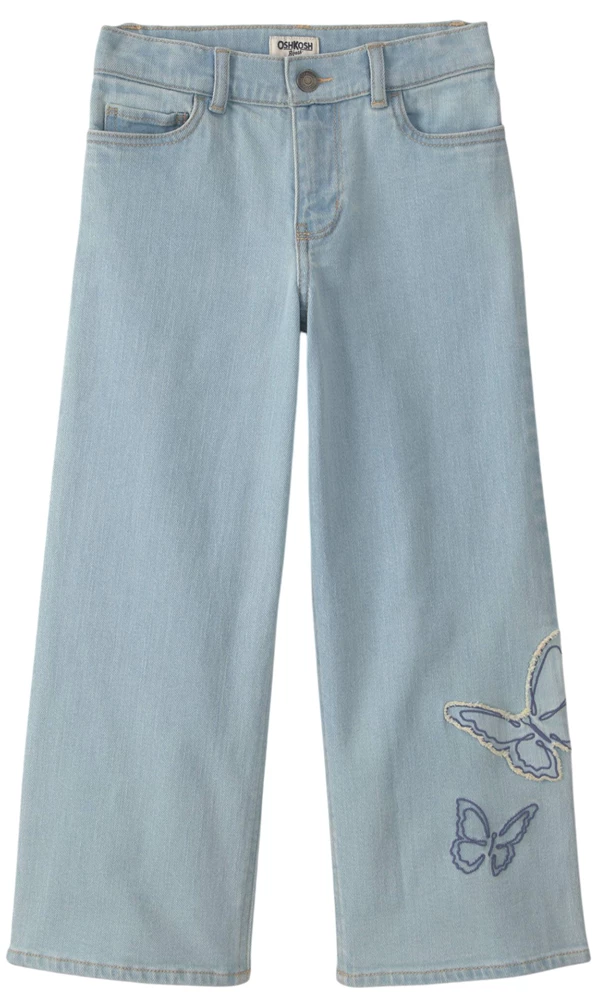  Blugi largi scurtati cu broderie fluturas Light Wash