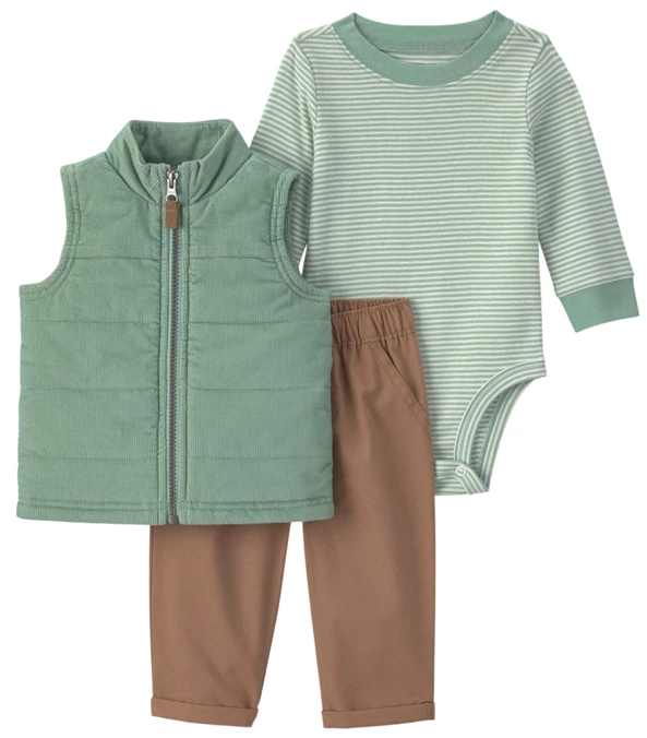  Set 3 piese Green - vesta fara maneci, body si pantaloni