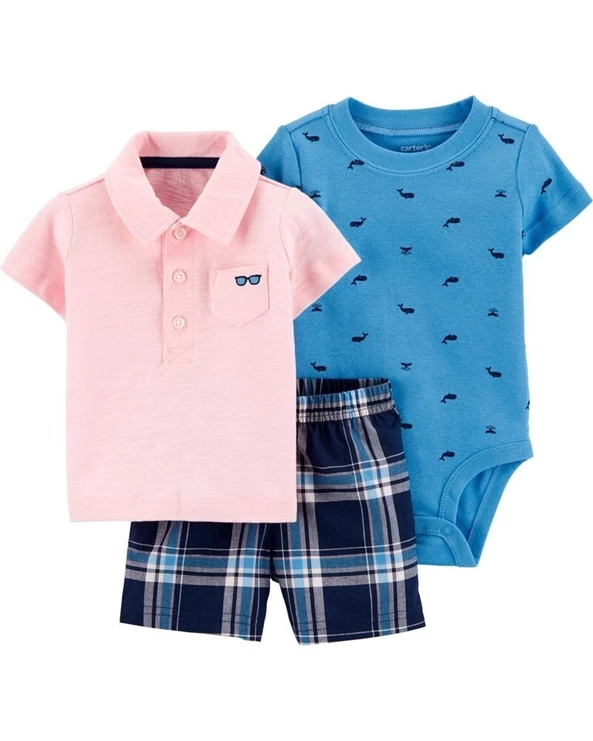  Set 3 piese Tricou polo, body & pantaloni scurti