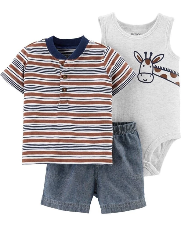  Set 3 piese Pantaloni scurti, tricou & body Girafa