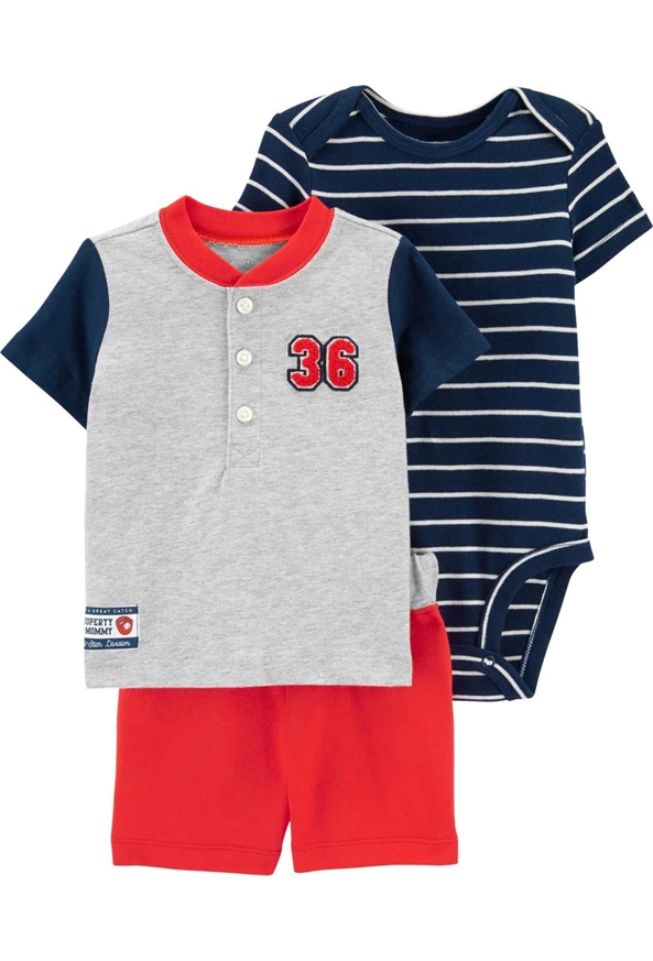  Set 3 piese Baseball - body, tricou si pantaloni scurti