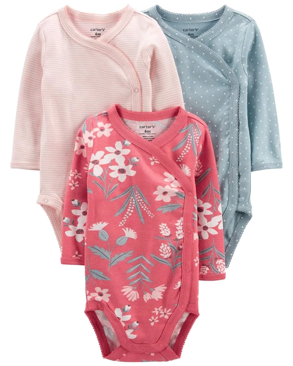  Set 3 piese body bebe cu capse laterale Flori