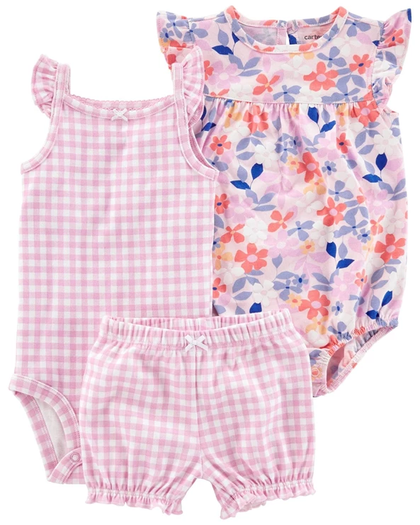  Set 3 piese Body, tricou si pantaloni scurti Flori