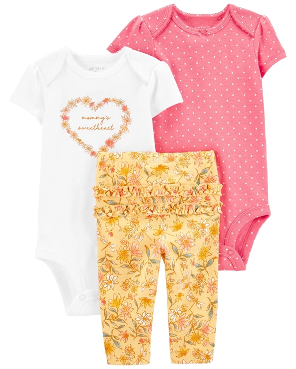  Set 3 piese Pantaloni si 2 body Flori