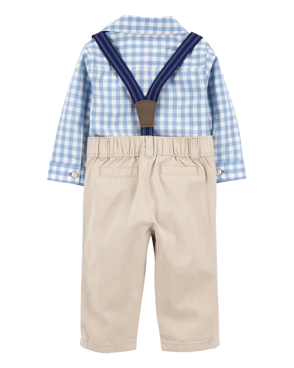  Set 3 piese Blue Gingham - Body tip camasa, pantaloni si bretele