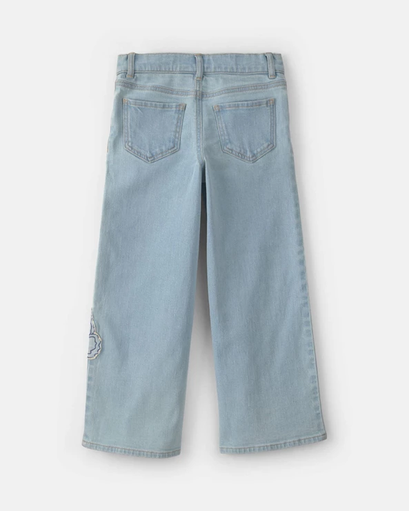  Blugi largi scurtati cu broderie fluturas Light Wash