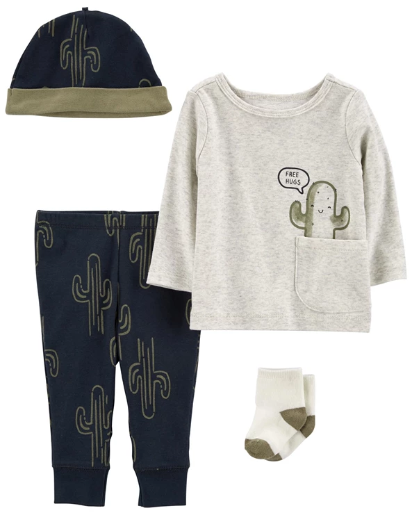  Set 4 piese bebelus Pantaloni, bluza, caciulita si sosete Cactus