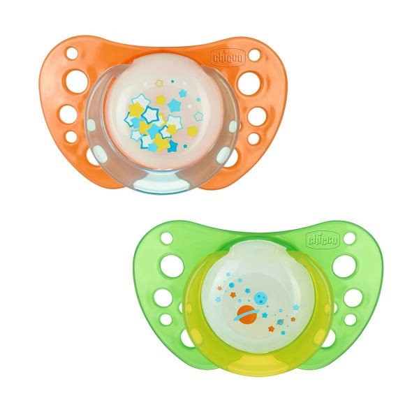 Пустышка Chicco Physio Air силиконовая Glowing (6-12 мес.), 2 шт.