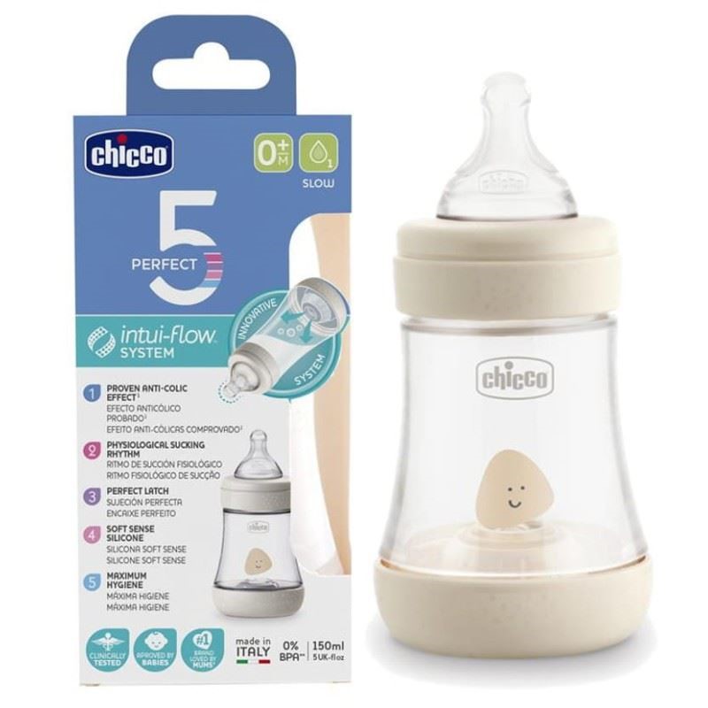 Biberon din plastic cu tetina din silicon Chicco Perfect 5 Uni, 150 ml