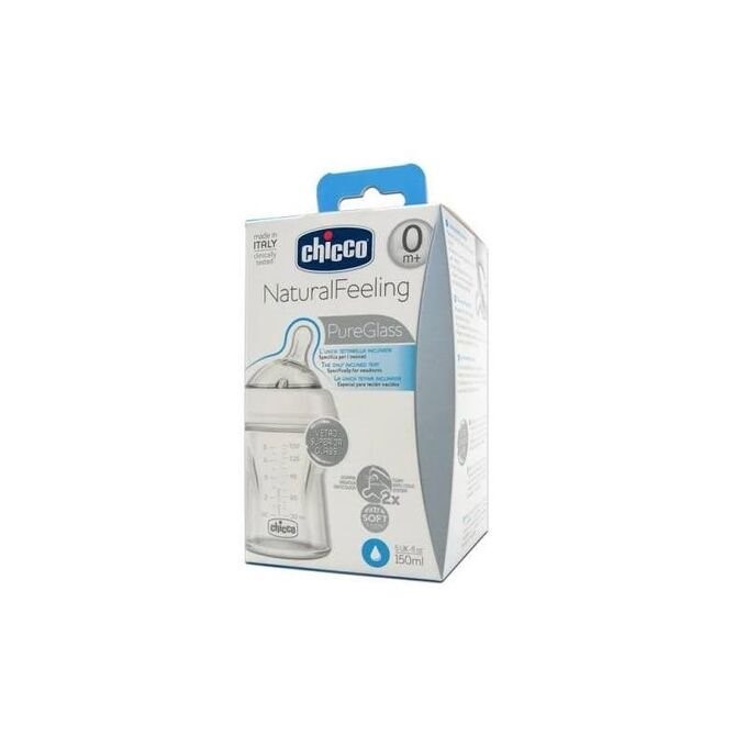 Biberon din sticla Chicco Natural Feeling cu tetina din silicon (0+ luni),  150 ml