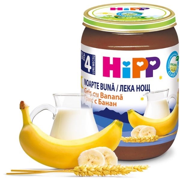 Piure HiPP Good Night Gris cu lapte si banane (4+ luni), 190 g